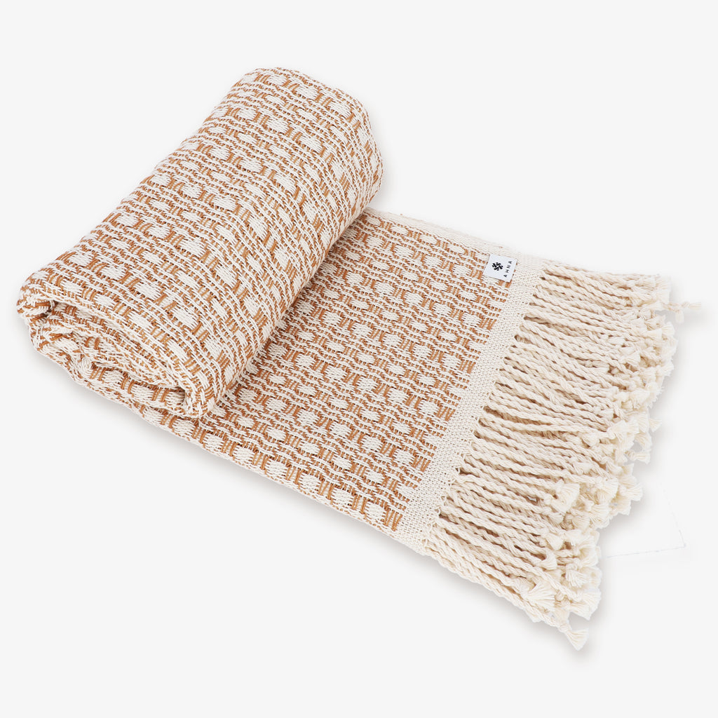 Plaid  en coton tissé à la main - couleur marron et écru -  AINA